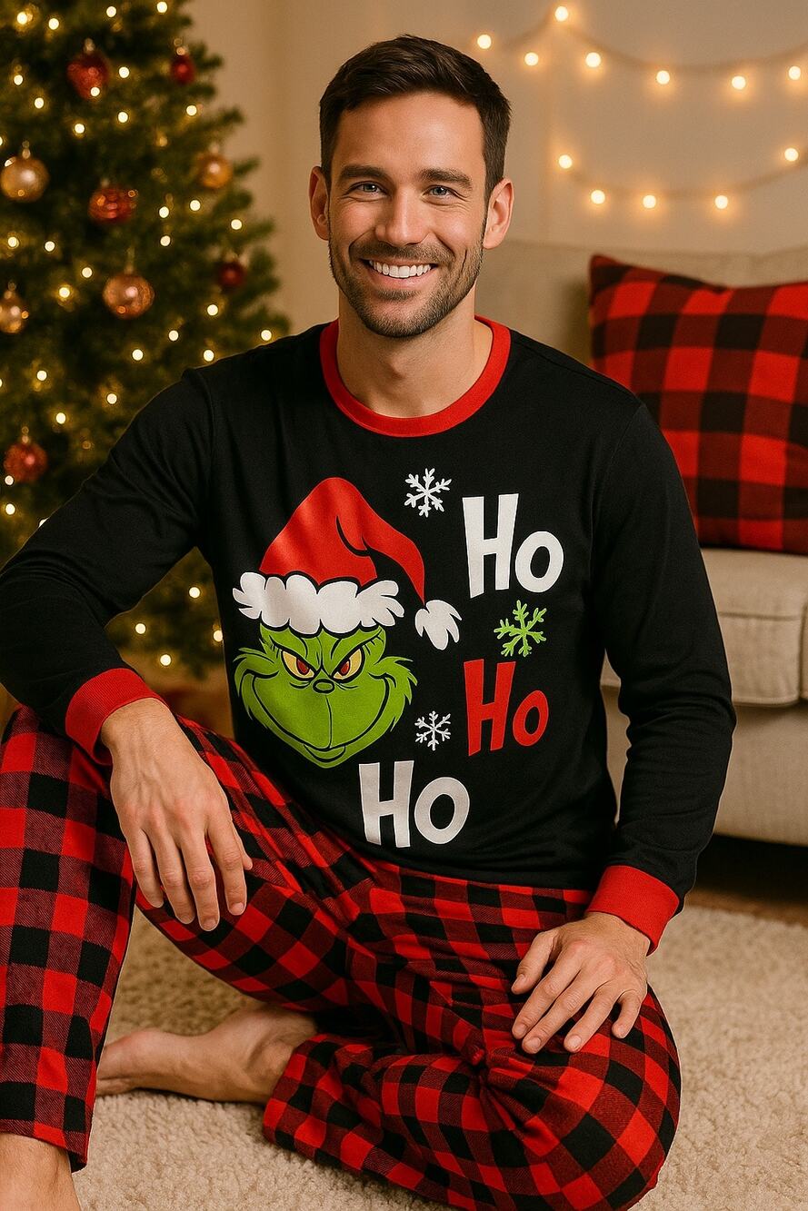 Christmas Grinch Pajama Set Men’s Medium Buffalo Plaid Ho Ho Ho
